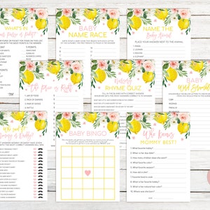 Lemon Baby Shower Game Package. 9 Printable Floral Lemon Baby Shower Games Pack. Lemonade Baby Shower Games. Summer Shower. Citrus Games.