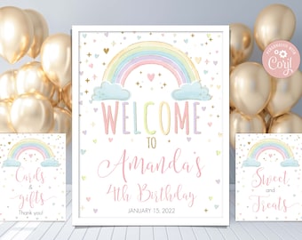 Editable Rainbow Birthday Signs Set. Rainbow Welcome Sign. Cards and Gifts Sign. Sweet Treats Sign. Rainbow of Fun. Pastel Colors.