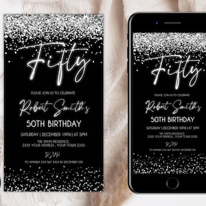 Editable 50th Birthday Invitation. Glitter Silver Neon Birthday Party Evite. Electronic Adult Fifty Birthday Party. Phone Text Evite Any Age