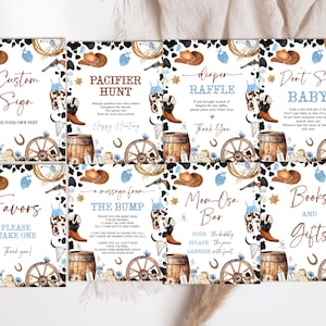 Pacchetto di cartelli per baby shower da cowboy modificabili. Cartelli da tavolo per baby shower da cowboy. Cartello per baby shower da rodeo country Wild West Boy Blue Outdoors