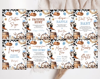 Bearbeitbares Cowboy-Babyparty-Zeichen-Bundle. Cowboy Baby Shower Tischschilder. Wilder Westen Junge Blau Natur Rodeo Country Baby Shower Schild