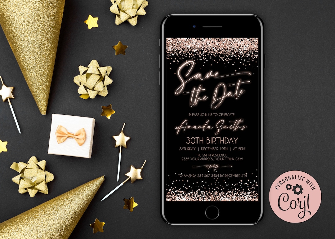 Editable save the date birthday party invitation glitter rose gold