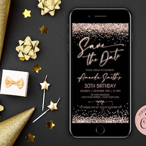 Editable Save the Date Birthday Party Invitation. Glitter Rose Gold Neon Save the Date Evite. Electronic Save the Date. Phone Text Evite.