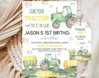 Editable Green Tractor First Birthday Invitation, Farm Theme Boy Party Invite, Favor Tag
