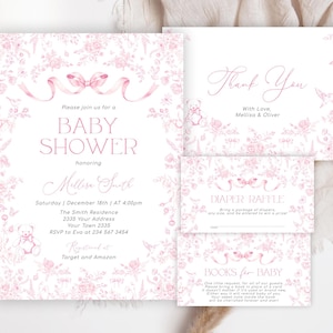 Conjunto de convites para chá de bebê editável Toile De Jouy. Convite para chá de bebê de menina Bearly Wait com fita rosa floral. Chinoiserie Nursery Jouy.