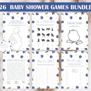 May include: A set of 26 printable baby shower games with a blueberry theme. The games include "How Big is Mommy's Belly?", "Animal Guessing Game", "Draw Baby", "Baby Word Search", "Baby Item ABC", and "Guess the Age of Mom and Dad".