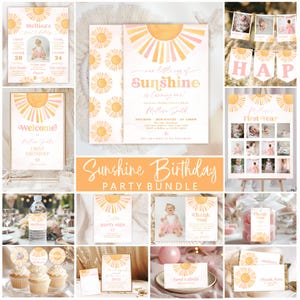 May include: A collection of party supplies with a sunshine theme. Includes invitations, welcome signs, cupcake toppers, and thank you cards. The color scheme is soft orange, pink, and yellow. The text "Sunshine Birthday Party Bundle" is displayed prominently.