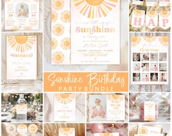 Our Little Ray of Sunshine 1st Birthday Party Bundle (Digital Download), Girl First Sun Boho Party Package