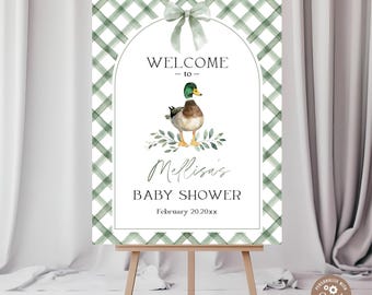 Editable Duck Baby Shower Welcome Sign. A Little Hunter Is On The Way Baby Shower. Rustic Outdoors Boy Green Plaid Mallard Duck Sign.