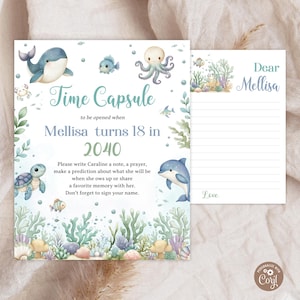 Editable Oneder the Sea Birthday Time Capsule Sign. Ocean Animals Time Capsule Card. Watercolour Sea Animals Time Capsule Template.