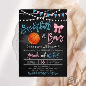 May include: A gender reveal invitation with the text "Basketball or Bows". The invitation features a basketball, a pink bow, and blue and pink bunting. The invitation includes the names Amanda and Michael, and event details.