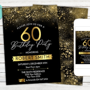 Editable 60th Birthday Invitation. Birthday Party Invitation. Adult Mens Womans. Adult Birthday Invite. Black Gold. Any Age Birthday.
