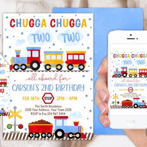 May include: A printable invitation for a second birthday party with a train theme. The invitation features a colorful train with the text "Chugga Chugga Two Two" and "All aboard for Carson's 2nd Birthday".