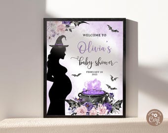 Fioletowy napis powitalny „Wiedźma na Baby Shower”, motyw Halloween (edytowalny element cyfrowy), napis „Wiedźma”. Kocioł Wiedźmy.
