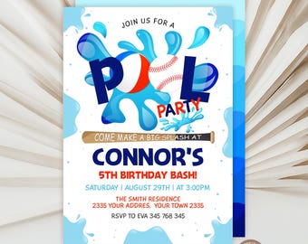 Baseball Pool Party Invitation, Summer Birthday Invite (Digital)