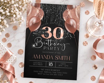 Könnte beinhalten: Eine schwarze Geburtstagseinladungskarte mit roségoldenen Luftballons, Glitzerakzenten und dem Text: Please join us for a 30th Birthday Party in honor of Amanda Smith, Saturday December 18, from 3pm to 5pm, The Smith Residence, 2335 Your Address.