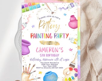 Editable Pottery Painting Party Invitation, Watercolor Art Birthday Template, Girl Birthday Invite, 5x7 Paint Decor