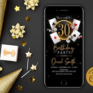 Invito di compleanno modificabile a tema casinò. Invito di compleanno a tema poker. Invito per serata casinò. Festa di pensionamento al casinò. Carte da gioco d'azzardo. Festa di poker