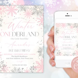 Editable Winter Onederland Invitation. Girl Snowflake First Birthday. Pink Silver Girl 1st Birthday. Winter Wonderland Birthday Pink Silver.