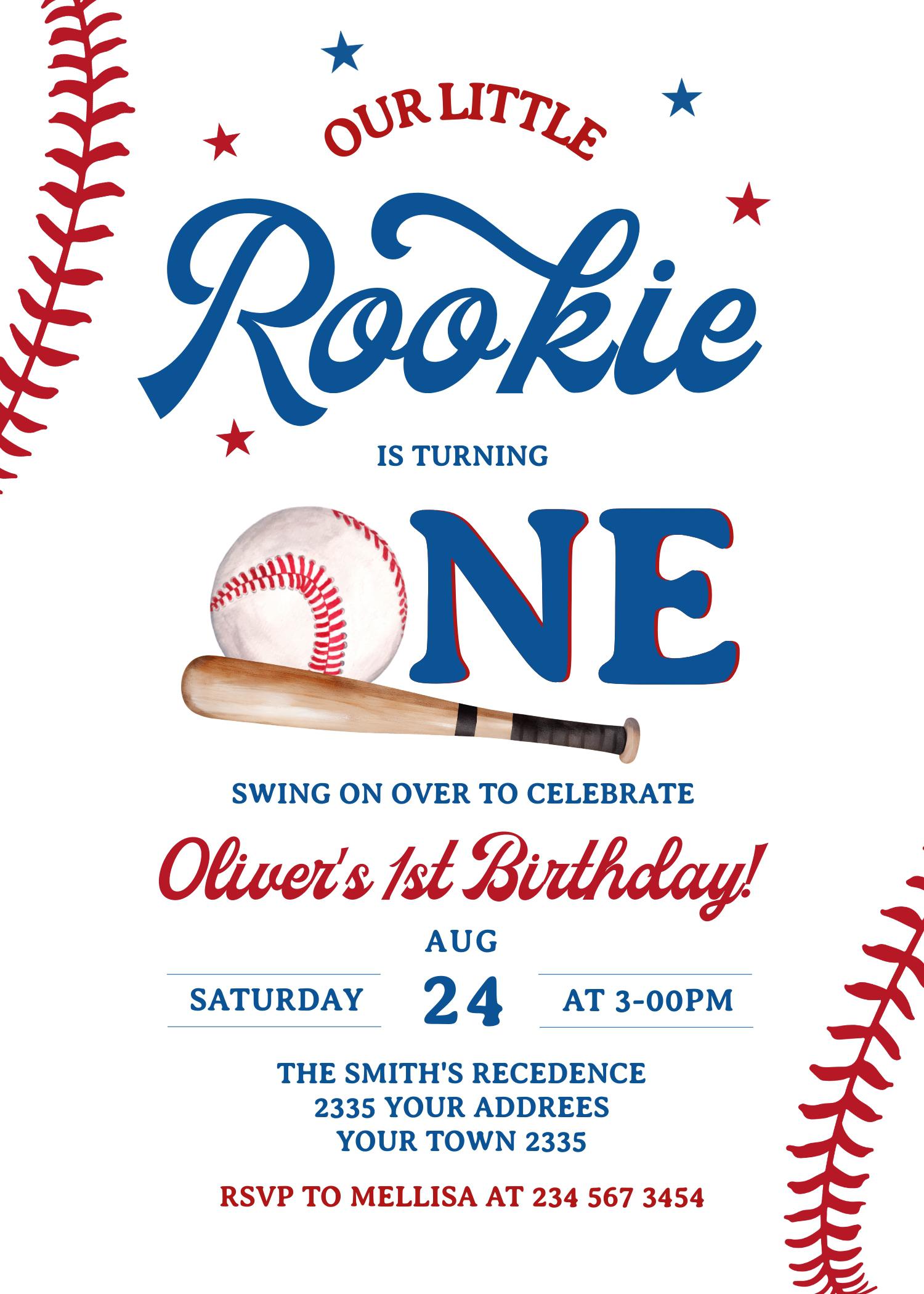 Editable Rookie of the Year First Birthday Invitation. Baseball First ...
