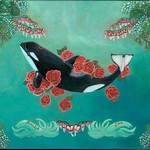 Southern Resident Orca Art Killer Whale Art Ensemble commémoratif avec carte d’art 5 x 7 « et autocollant en vinyle en forme d’orque de J50 Scarlet
