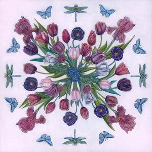 Art de la tulipe, impression d'art de tulipe, art floral, impression jet d'encre emmêlée de 12 x 12 pouces, vallée de la Skagit, tulipe, iris, papillon, libellule, mandala