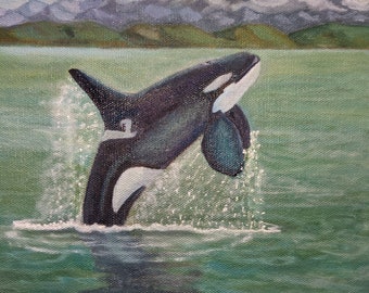 Orca Art, Commemoration of Southern Resident  of K21 Cappuccino,  11 x 14" Matted Giclee Print, Killer Whale, Mt. Baker, Salish Sea, K-Pod