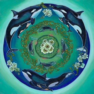 Killer Whale Mandala Art, Southern Resident Orcas, LPod, KPod, Pod, Chinook Salmon, Orca Birth, Matted, Giclee Print 12 x 12, Whale Donation