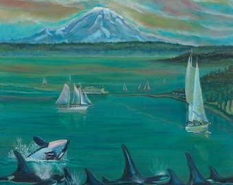 J-Pod, Orca Art, Killer Whale, 20 x 16" Giclee Print Salish Sea, Southern Resident Orcas, Admiralty Inlet, Pacific Northwest, Mt. Rainier