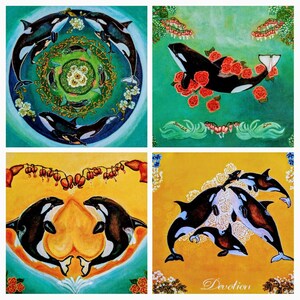 Collecte de fonds pour la conservation des orques/ 4 cartes d’art commémoratives des orques des résidents du Sud/JPod /J50 Scarlet/J52 Sonic /J35 Tahlequah