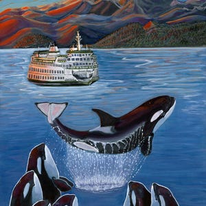 Original Orca Acrylic Painting 16&quot; x 20&quot; Killer Whale, Tokitae, Salish Sea, Breaching Orca in San Juan Islands