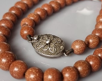 Antique 1920's Chinese Export Goldstone and Silver Filigree Necklace - Clasp Signed 'Silver Made in China''A'