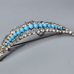 Antique Victorian Diamond Paste and Turquoise Glass(?) Large Crescent Moon Brooch image 2