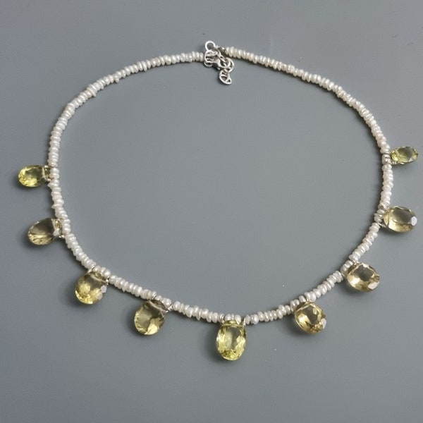 Citrine & Seed Pearl Oval Cut Multiple Drops Seed Pearl Fringe Choker Necklace w French Wire Finish in 925 Silver