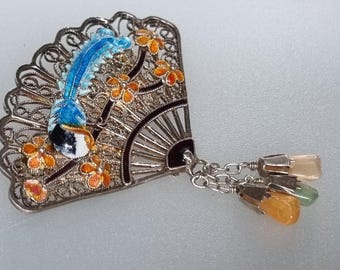 Chinese Export and Gemstones Antique Fan Brooch Early 1900's Sterling Vermeil Enamel Bird of Paradise Filigree Fan Brooch with Gem Drops