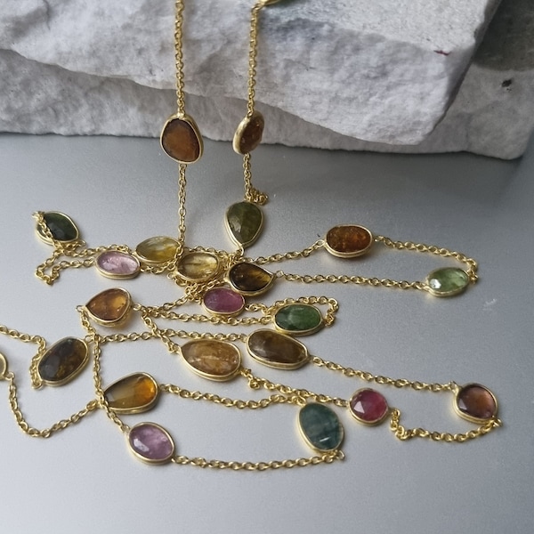 Natural Multi Coloured Tourmaline Rose-Cut Gemstone Slices & 14k Gold Vermeil Long Flapper Necklace 36" Pink, Brown, Green, Golden etc 8.7g