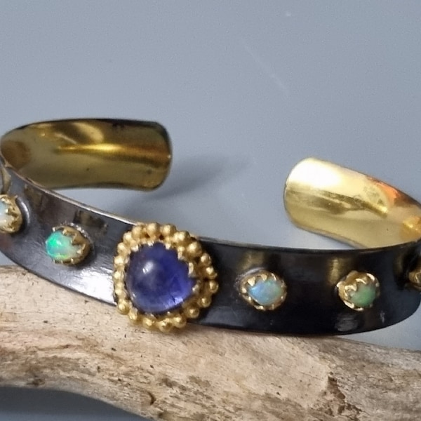 Opals & Tanzanite Artisanal Cuff Bangle Genuine Gemstones 925 Silver Oxidised with 14k Gold Plating Underside Hand Crafted 21.7g