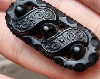 Victorian Mourning Jewellery Antique Detailed  Carved Vulcanite Brooch Floral Design