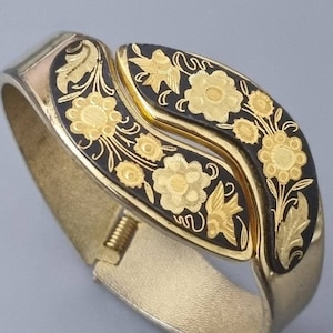 1950's Vintage Crossover Damascene Clamper Bangle Floral with Birds Design - Very Good Condition