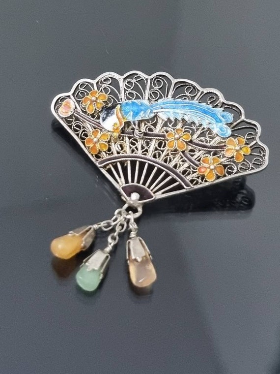 Chinese Export and Gemstones Antique Fan Brooch E… - image 8