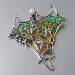 Art Nouveau Style Plique-a-Jour Enamel & Genuine Pearl on 925 Sterling Silver Pendant with Invisible Bale