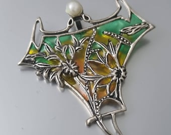 Art Nouveau Style Plique-a-Jour Enamel & Genuine Pearl on 925 Sterling Silver Pendant with Invisible Bale
