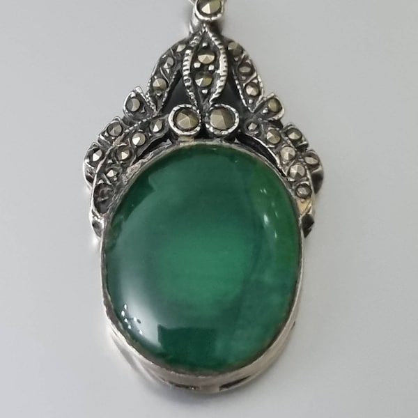 Art Deco 1920's Sterling Silver with Steely Marcasites and Green Chrysoprase Pendant - Very Ornate