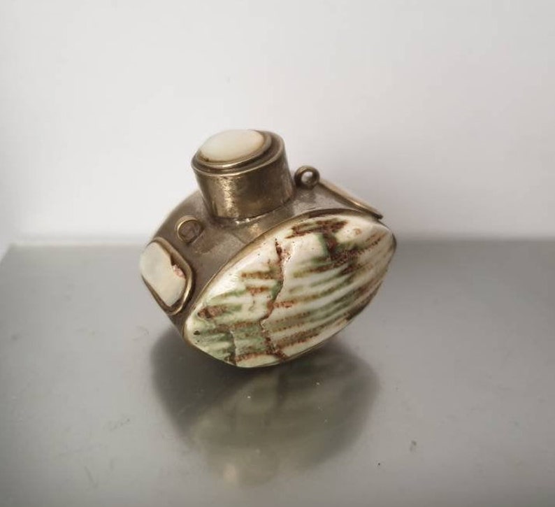 Antique SNUFF BOX chatelaine silver mother of pearl and Turbo shell perfect hand made piece circa 1890