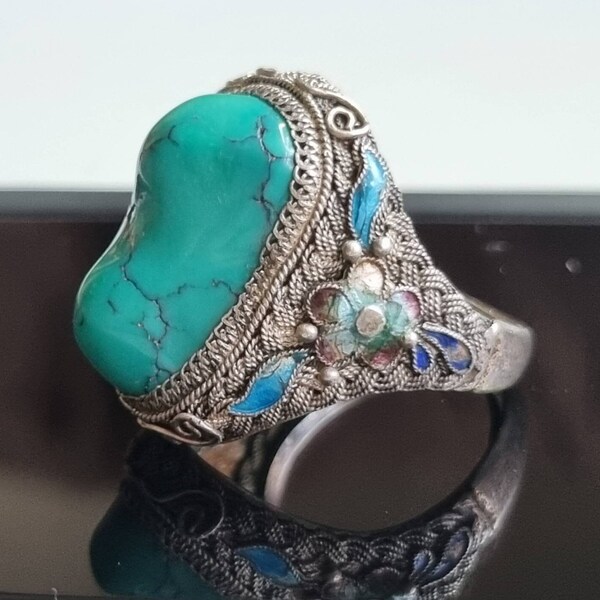 Antique Chinese Export Natural Turquoise and 925 Silver with Enamel Statement Ring - Adjustable Size