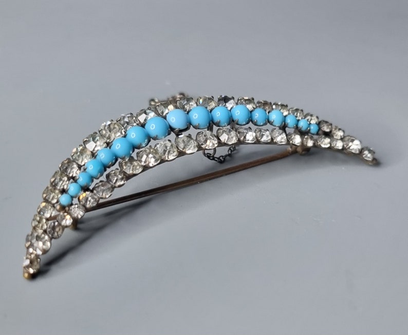 Antique Victorian Diamond Paste and Turquoise Glass(?) Large Crescent Moon Brooch image 2