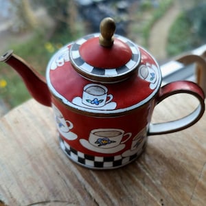Vintage Charlotte de Vita Design No. 92 Hand-painted Red Black White Enamel & Brass Miniature Teapot Trade plus Aid