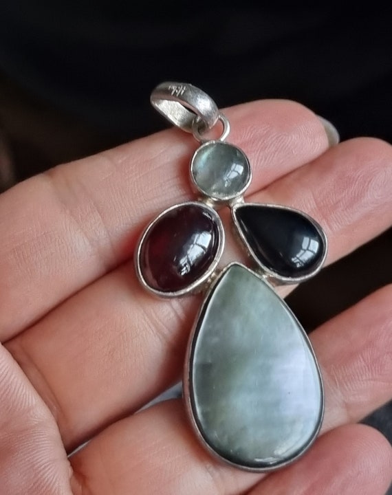 Statement Multi-Gem & 925 Silver Large Pendant Ga… - image 2