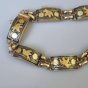 1950's Damascene Panel Bracelet Engraved Birds & Floral Motifs Using Genuine Gold