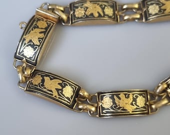 1950's Damascene Panel Bracelet Engraved Birds & Floral Motifs Using Genuine Gold